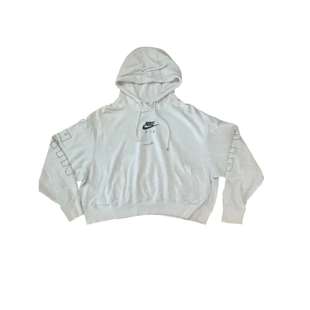 Nike Air Fleece Pullover Cropped Hoodie White with Black Spellout Logo Size XL